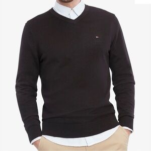 Tommy Hilfiger Mens Solid V-Neck Sweater Black Chest logo Cotton Size XXL Preppy